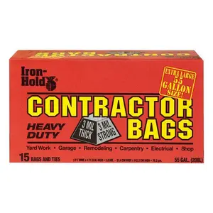 212 MAIN Iron Hold 618939 3 Mil 55 Gal Contractor Trash Bags with Wing Tie, 15 Count per Pack, 4 Packs Total, Three Mil