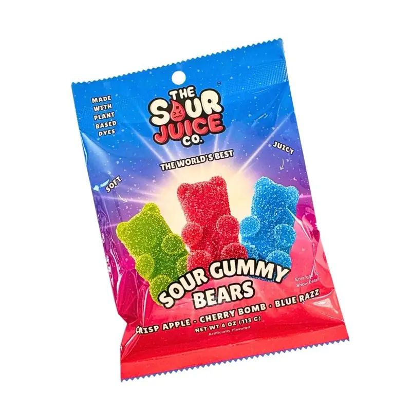 The Sour Juice Co - Halal Sour Gummy Bears Trio Pouch - Cherry Bomb, Blue Razz, Crisp Apple (No Artificial Dyes / Halal Gelatin)