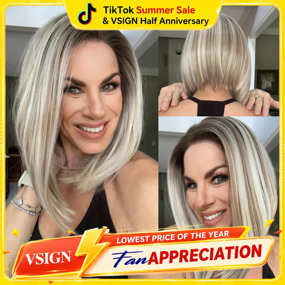 VSIGN 13x6 HD lace Front Glueless Ombre Ash Blonde Mixed Brown and Blonde Color Peekaboo Highlight Bob Style Low Density Premium Synthetic Hair Heat Resistant Fiber Vacation Holiday Travel Wig Soft Bob