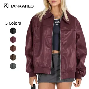 Tankaneo Womens Faux Leather Jackets Oversized Bomber Casual Fall Fashion Zip Up Moto Biker Coats