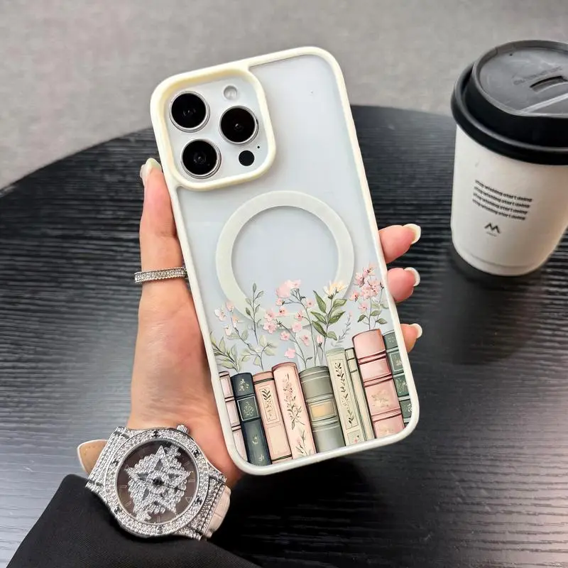 Magnetic floral bookshelf phone case, drop-proof, compatible with MagSafe, shockproof and anti-fall phone case, perfect for girls. Suitable for iPhone 17/16/15/14/13/12/11/X/XS/XS Max series, it's an ideal holiday gift for friends, family, or yourself., F