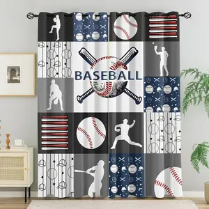 Baseball Patchwork Print Blackout Grommet Curtains, Sports Team Pattern Window Drapes for Boys Bedroom, Man Cave, Baseball Fan Home Decor, 2 Panels, Privacy Grommet Curtains, Blackout Window Cover