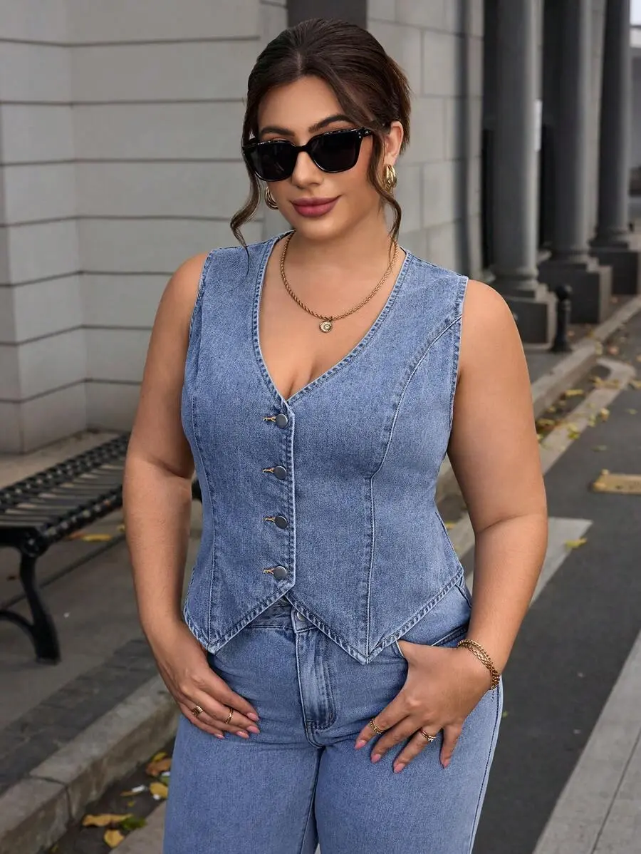 JEANDY Plus Size Sleeveless Denim Jacket, Simple And Fashionable For Casual Daily Wear