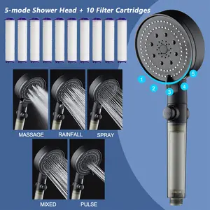 5-Mode Boosted Filter Handheld Shower Head with 10 Extra Filters, One-Touch Shut Off, Large Spray Panel, Bathroom Showerhead Filter, Bathroom Accessories, Rain Shower Head