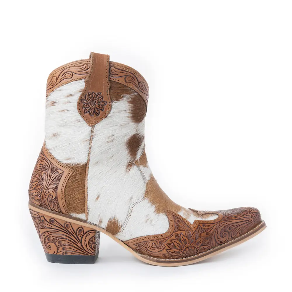 Women's Western Ankle Boots - Hand-Tooled Leather, Hair-On Hide, Studded Snip Toe Cowboy Footwear for Rodeo Outfit Inspo, Statement Shoes, Western Elegance, Punchy Western Outfit