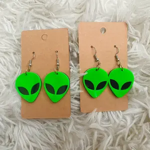 Green alien head hook earrings