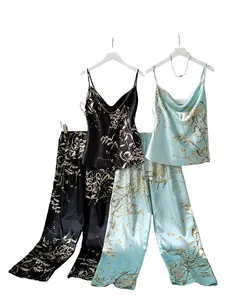 Women's Cherry Print Pajama Set, Off-Shoulder Thin Straps, Fitted Long Pants, Casual Fall Winter Sleepwear, Sleepwear Loungewear Set, 4 Piece Set, Sleepwear Pajamas Set