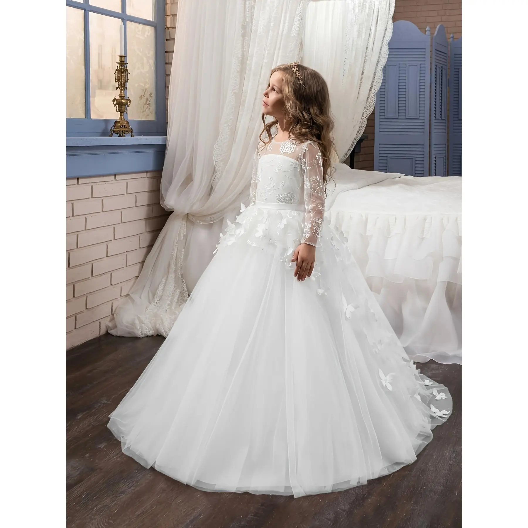 An Elegant High-End Lace Embroidered Flower Girl Dress with a Butterfly Train, Featuring Exquisite Embroidery And Pearls, Perfect for Stage Performances, Beauty Pageants, Formal Events, And First Communions