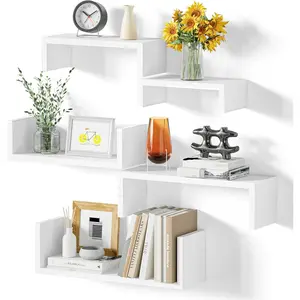 Floating Shelves for Wall, Wall Shelves for Bathroom, Bedroom, Living Room, Kitchen, Office, Wood Shelves for Home Decor Set of 5 (Washed White)