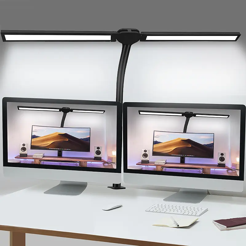 SEGRASS Double Head LED Clamp-Style Desk Lamp - Adjustable, Bendable, Articulated Aluminum Desk Lamp with Swing Arm Gooseneck, 4 Color Modes, 5 Brightness Levels, Eye-Caring Indoor Lighting for Office Workbench, Adjustable Desk Lamps, Aluminum Desk Lamps