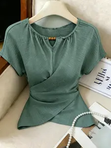 This Wrap Front Ruched Blouse is Elegant Casual Chic Beaded Neck Short Sleeve Top