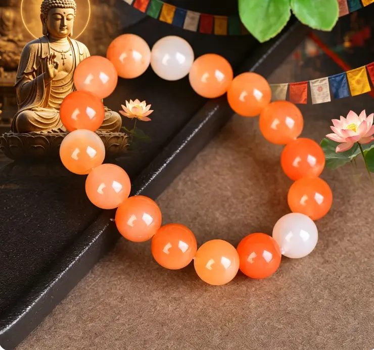 Healing Crystal Beaded Strand Bracelet - Orange and White Round Gemstone Beads, Yin-Yang Design for Meditation, Energy Alignment, Healing Crystal Bracelet