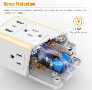 S Multi-Outlet Surge Guard Wall Charger - 6-Outlet Fireproof Extender with 3 USB Ports (5V 3.4A Total), Night Light, 3-Sided 1500J Protection, ETL Listed for Indoor Home & Office Use, Indoor Use, Compact