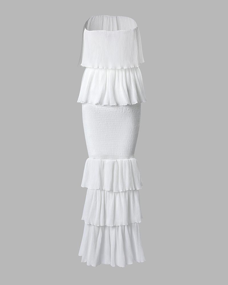 ChicMe Women's Bandeau Shirred Ruffle Hem Wedding Guest Layered Wedding Dress/Women's Ruched Bodycon Dress/Women's Shirred Ruffle Hem Dress Womenswear