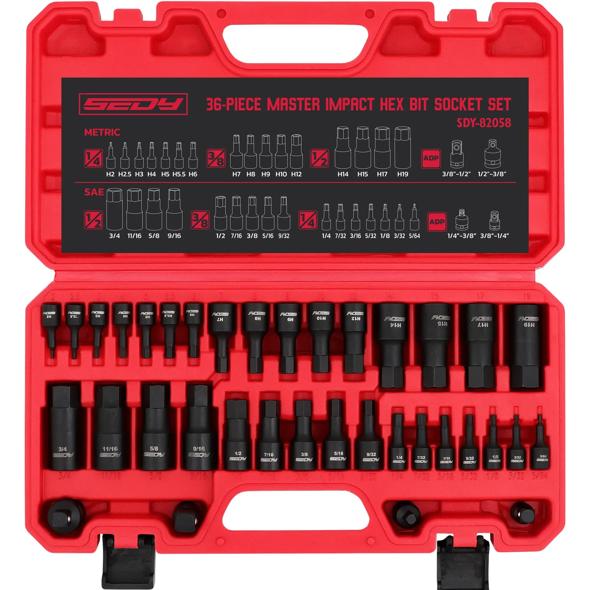 SEDY 36-Piece Hex Drive Portable & Socket Set, 1/4"-1/2" Drive Master Allen Impact Sockets (H5-H19, 3/4"-5/64"), Multi-Size Ratchet, 4 Adapters, CR-V Steel, All Seasons Tools for Mechanics, Heavy-Duty Case, SAE/Metric Automotive Kit