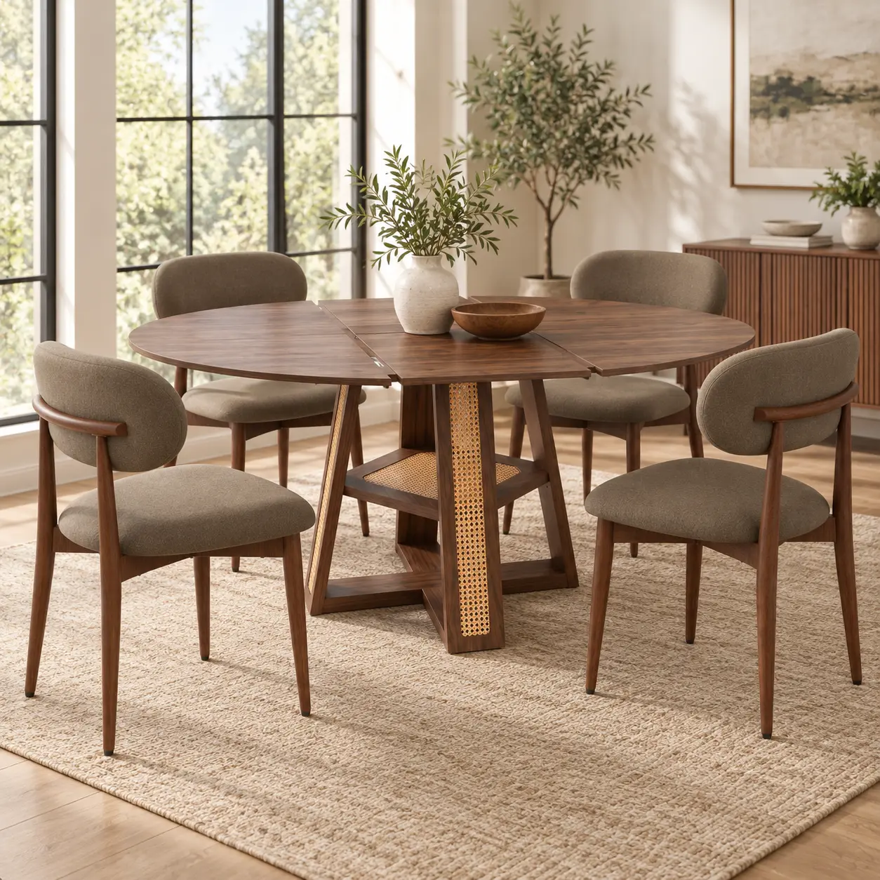 Extendable Round Dining Table for 4-6 People, Round to Oval Convertible Kitchen Dining Table with Removable Extension Leaf, Cross Shaped Base & Under Storage Shelf, Walnut Finish, Space Saving Dinner Table for Home Dining Room