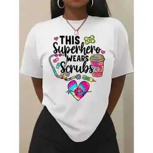 Women's Fun Nurse-Themed T-Shirts and Hoodies - "This Superhero Wears Scrubs" Elevated Print Hoodie with Stethoscope and Heart Motifs, Available in Short-Sleeve and Hooded Styles