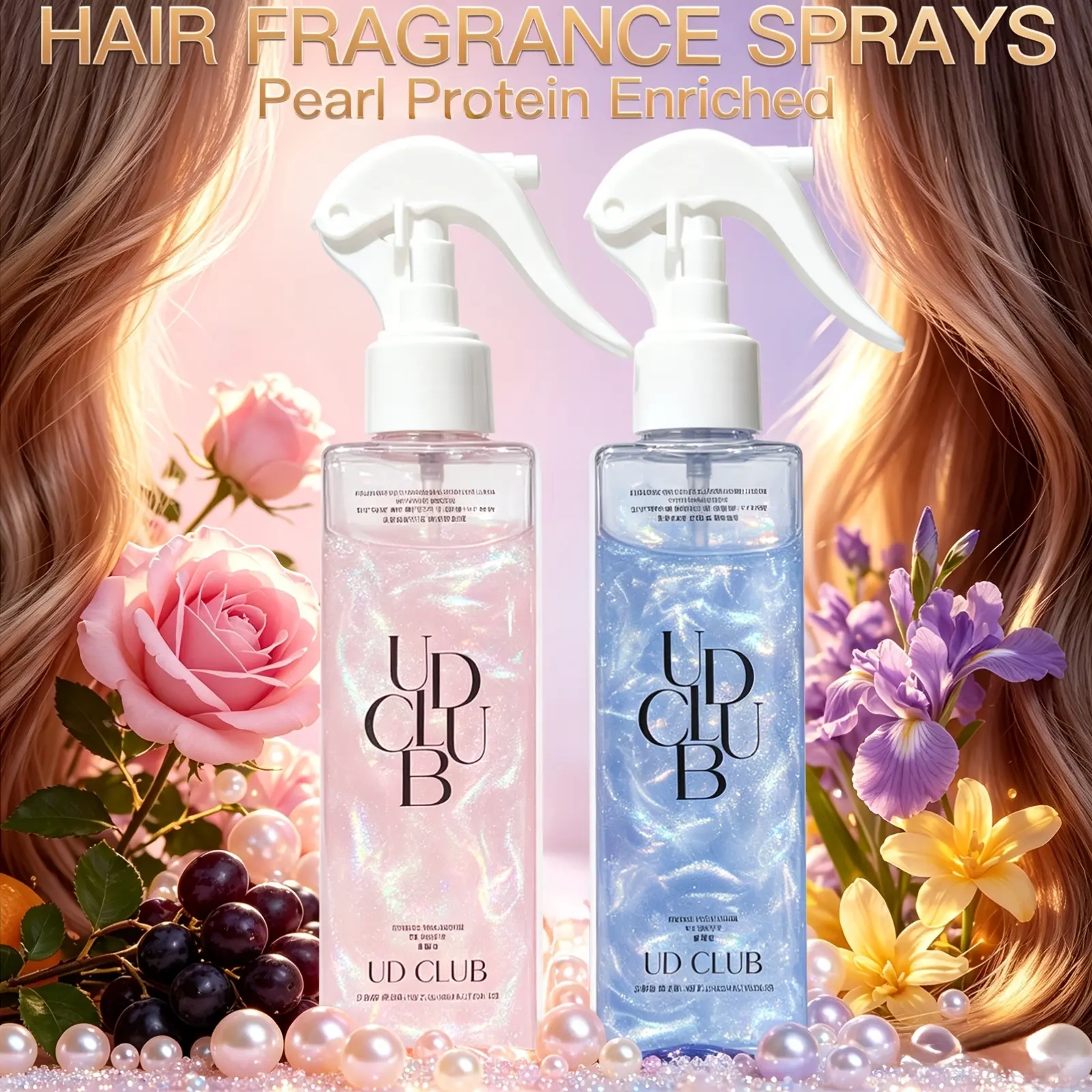 UD CLUB Pearl Protein Haircare Fragrance Spray 200ml - Keratin Infused No-Rinse Leave-In Mist, Spray-On Instant Glossy Detangler, Moisturizes Dry Frizzy Hair, Long-Lasting Floral Scent for Women