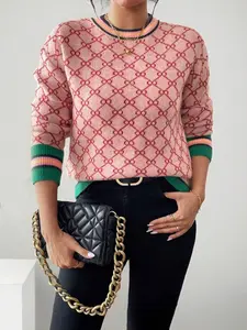 Women's All-Over Geometric Print Contrast Binding Knitted Sweater, Casual Colorblock Striped Print Long Sleeve Round Neck Jumper for Fall & Winter, Fashion Ladies' Knitwear for Daily Wear, Womenswear