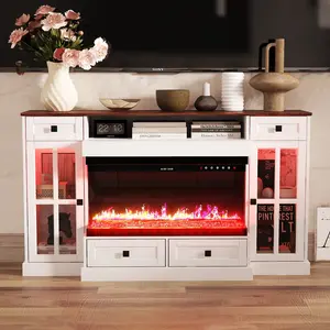 FUFU&GAGA 55'' Large Fireplace TV Stand with 30" Fireplace, Farmhouse Entertainment Center with LED Lights for TVs, Highboy TV Console Table with Glass Door for Living Room