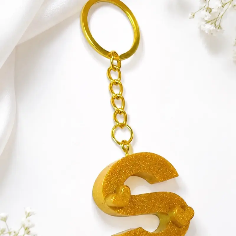 Gold Resin Letter S Keychain with Heart Ch