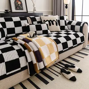 Checkerboard Plush Sofa Cushion Cover 1PC, Thick Non-Slip Couch Protector Pad, Pet-Friendly Anti-Scratch Sofa Mat, Soft Machine Washable Furniture Cover, Sofa Slipcover, Modern Sofa Cover for Living Room, Fits Sectional, Loveseat & 2-4 Seater Sofa