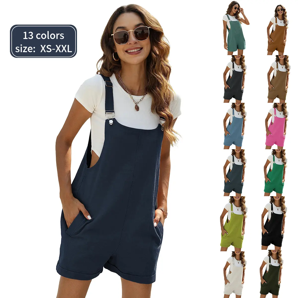 SCUSTY Cotton Linen Short Overalls Casual Summer Bib Shorts Rompers with Pockets