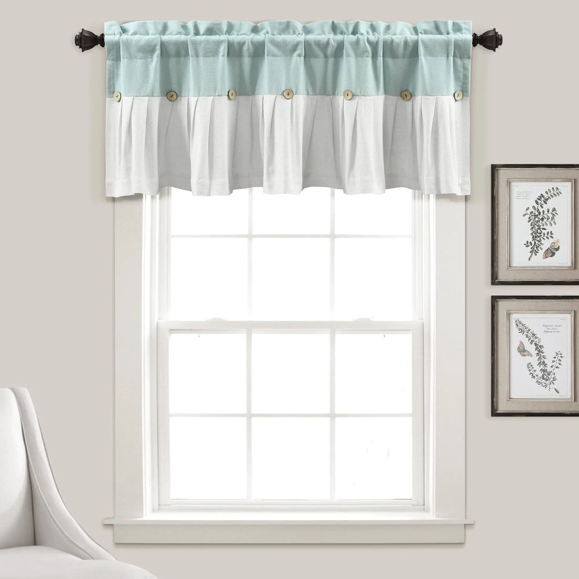 Lush Decor Linen Button Valance - Single, 52"/84''W x 18"L + 2" Header, Farmhouse Chic, Adjustable Curtain Rod, Machine Washable, Home Decoration Curtain