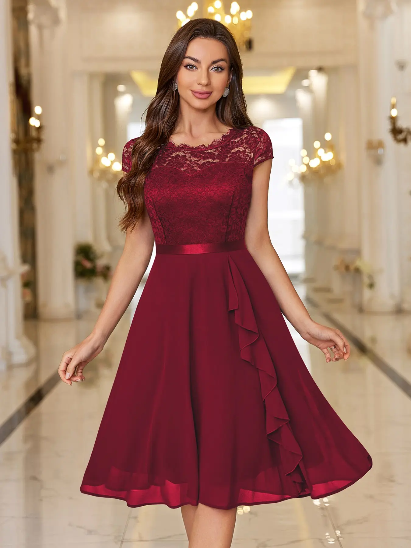 MIUSOL Y22068 Floral Lace Bodice Chiffon Flowy Ruffle Trim Classy Formal Cocktail Prom Evening Party Swing Dress, A-Line Dress, Wedding Guest Dress