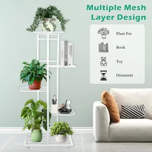 SURUI Metal Lattice 6-Tier Space-Saver Plant Shelves - Minimalist White Home Decor Organizer with Floor Pads, Floating Shelves, Multi-Use Rack (Alternative Option: 5-Tier)