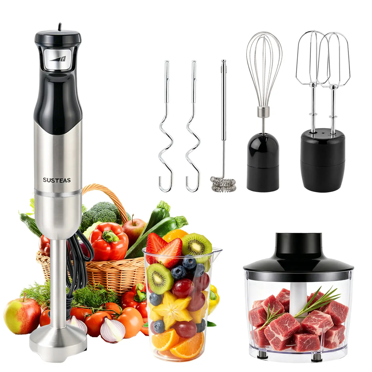 SUSTEAS Ultra-Fast 8-in-1 Multi-Functional Hand Blender, 304 Stainless Steel Blades, 15000 RPM Max for Smoothies, Meat, Ultra-Fast Hand Blenders