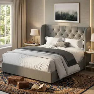 Curved Wingback Velvet Upholstered Platform Bed Frame, Solid Wooden Bed Frame for Bedroom, No Box Spring Needed, Easy Assembly, Full Queen King Size, Pink White Grey Home Furniture