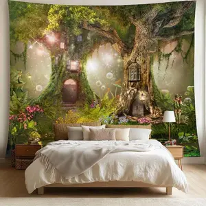 Tree & Forest Pattern Tapestry, Natural Landscape Wall Hanging, Green Street Tree Sunshine Forest Stream Forest Pattern Landscape Painting, Home Decor