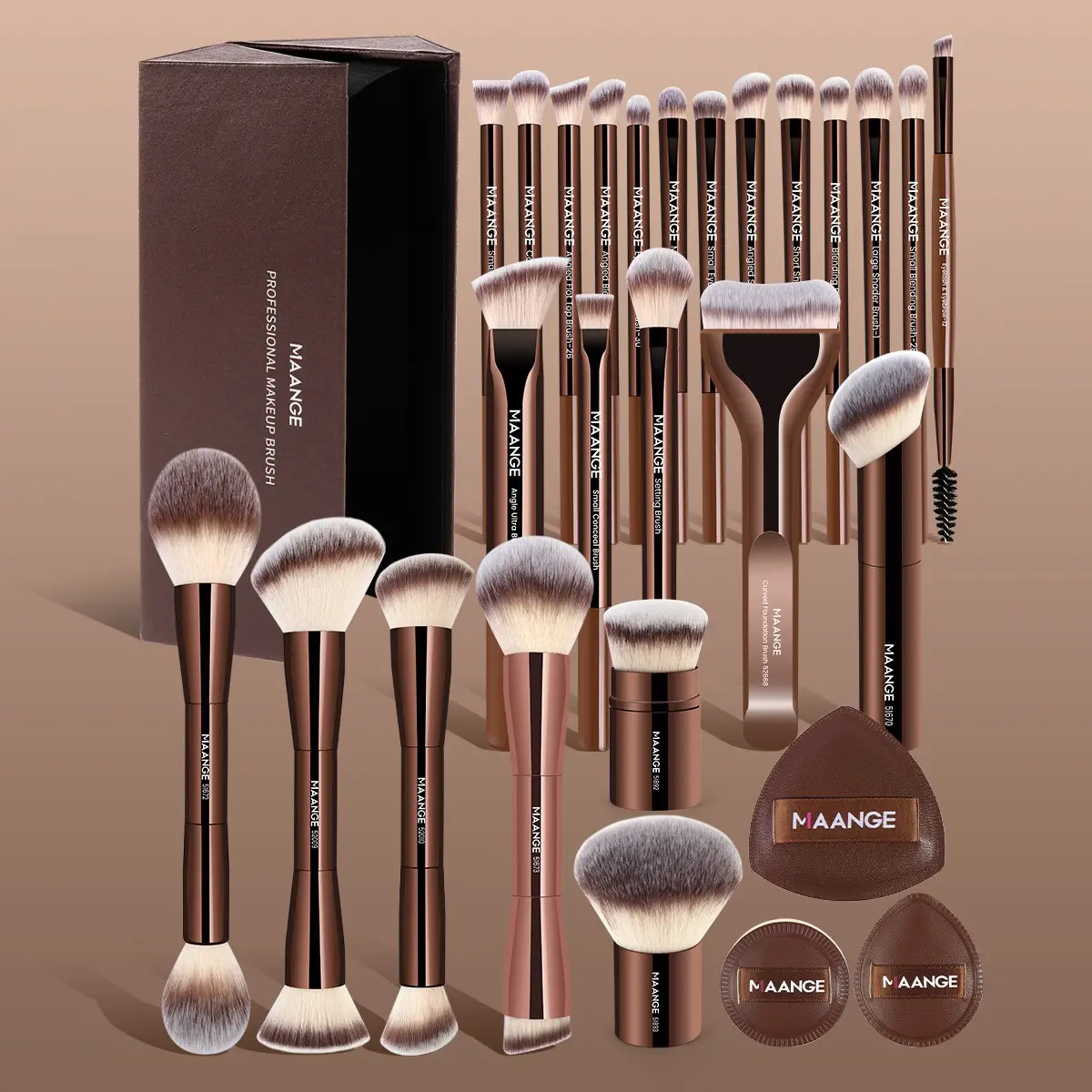 Maange 28-Piece Makeup Brush Set with 24 Brushes, 3 Powder Puffs, Storage Box, Foundation Brush, Blush Brush, Eyeshadow Brush, Mascara Brush, Beauty Travel Brush Cosmetic Brush Set, Face Makeup Brushes, Cosmetics Brushes Set, Brush Combo