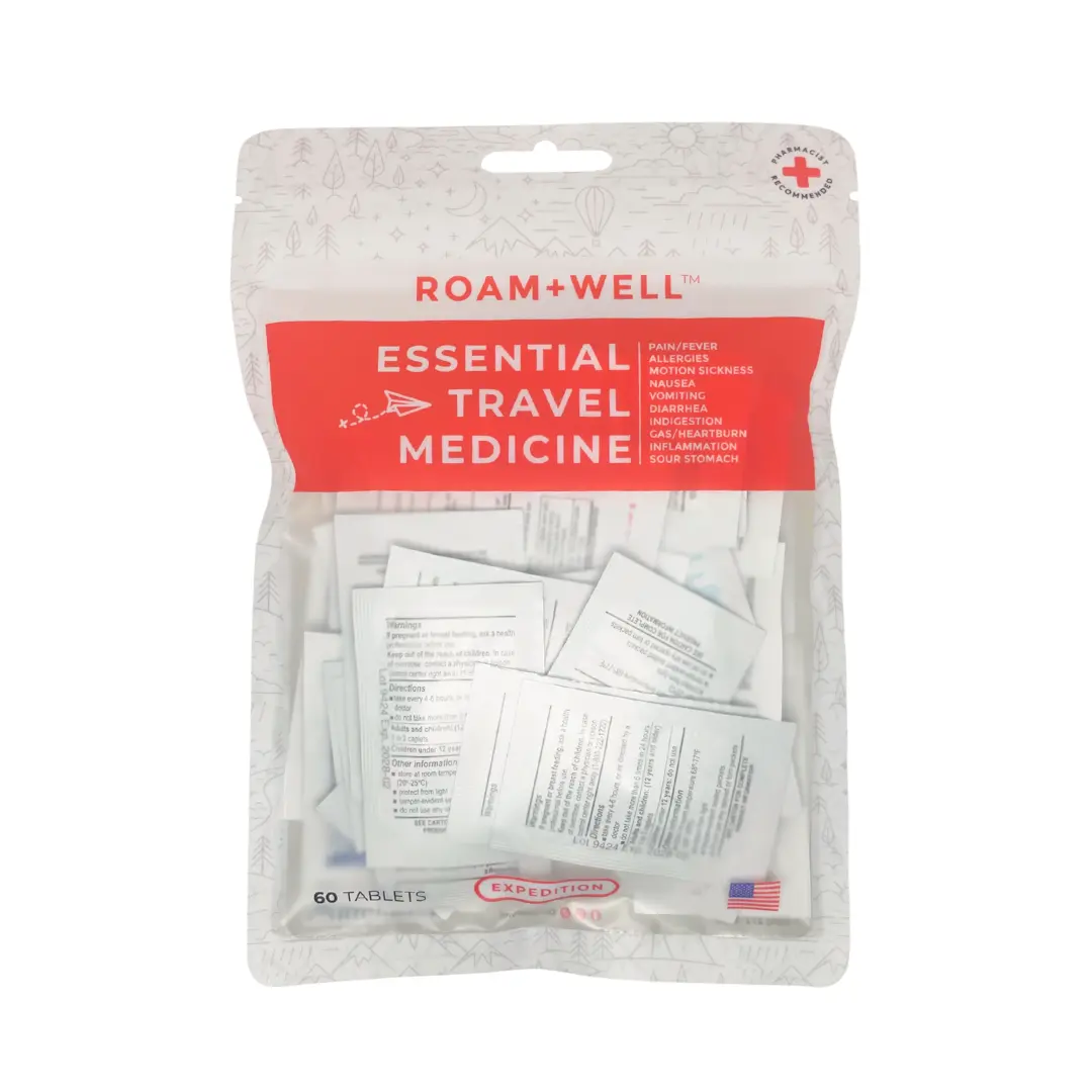 Roamwell Expedition Extended Travel Medicine Kit - 60 Tablets for Pain Relief, Allergy Management, and Hydration - Ideal for Longer Journeys and International Travel