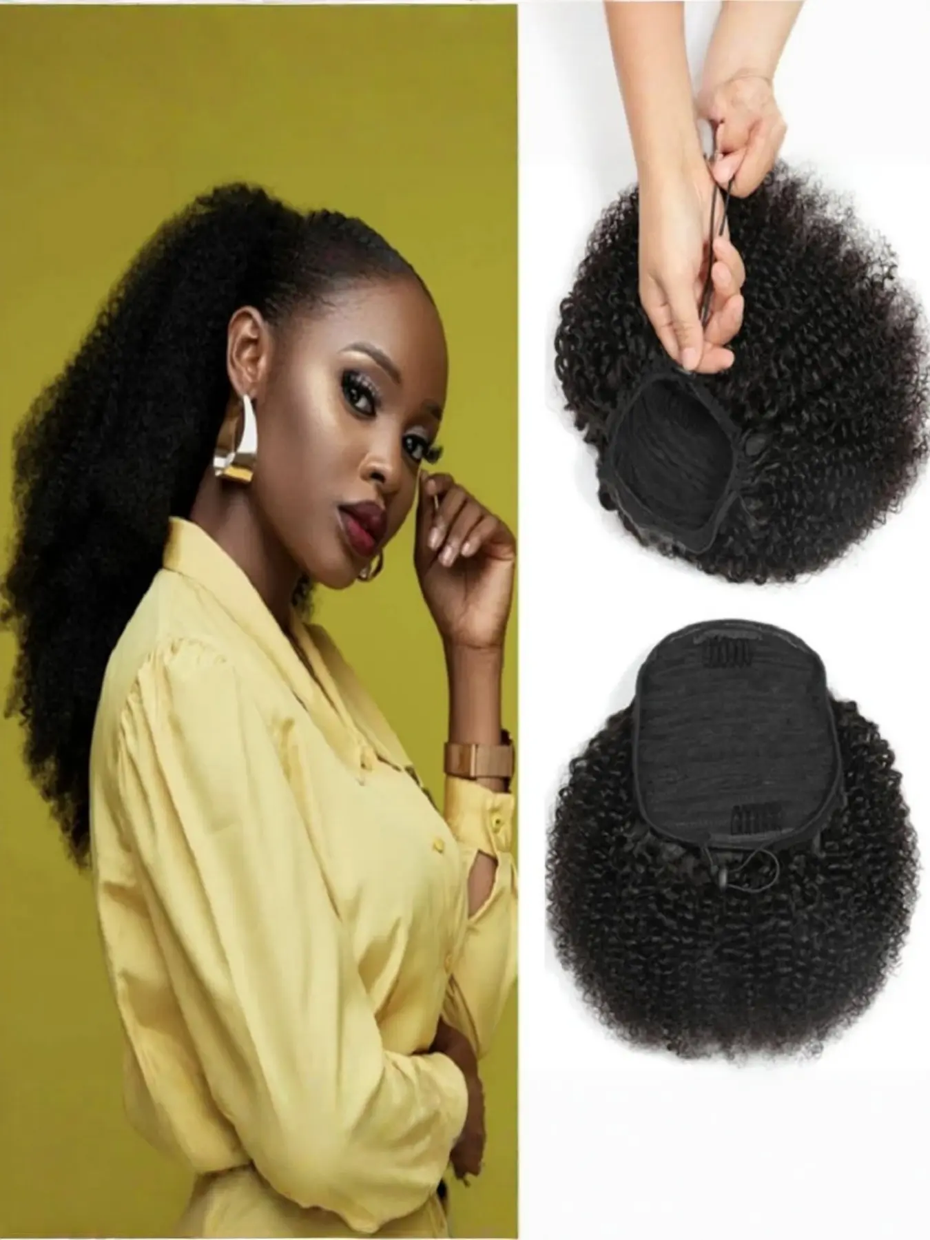 Women's Afro Kinky Curly Drawstring Ponytail, Brazilian Human Hair Ponytail with Wrap Drawstring, 100g Natural Look & Style