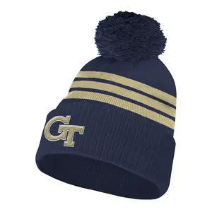 adidas Mens Georgia Tech Yellow Jackets 3-Stripes Cuff Pom Beanie Casual - Blue, Gold