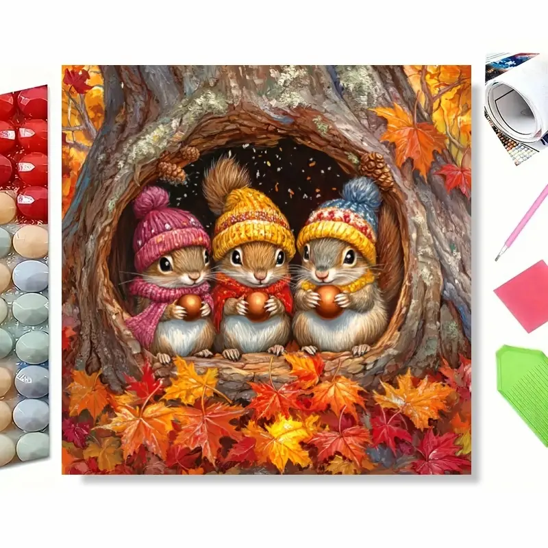 5D Full Drill Cozy Autumn Squirrels in Knit Hats Diamond Painting Kit - Warm Fall Charm | Heartfelt DIY Crafts Gift for Nature Lovers, Fall Enthusiasts & Birthdays | Cheerful Wall Art for Living Rooms, Entryways & Autumn-Themed Spaces