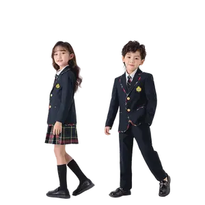 Girls' School Uniform Suit with Skirt Set - British Style Kindergarten and Elementary Performance Outfit, 3pcs Set: Blazer + Midi Skirt + Kids' Tie