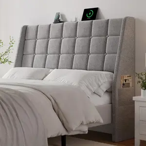 ONBRILL Ergonomic Upholstered Full/Queen Size Headboard w/Charging Station, Linen Wingback Headboards w/Storage Pocket, Full Headboard Only, Bed Frame Adapters, Sturdy Solid Wood Bed Head Board