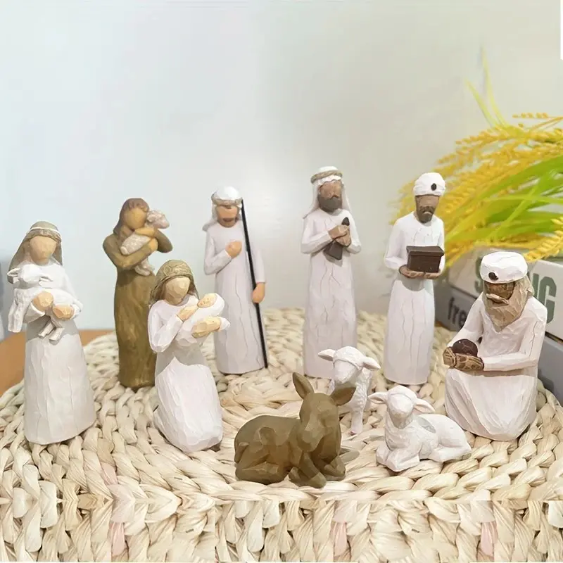 Wooden Baby Jesus Scene Ornament Set, Rustic Color & Texture, Human Animal Combination, Holiday Ritual Decor, Religious Decor, Family Christmas Gift, Religious Home Decor