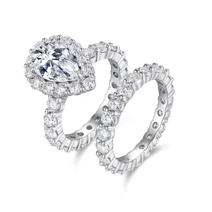 [AphroGrace Jewelry] Lab Grow Moissanite 7*11mm Pear Cutting 3.0-Carat Full-Pavé Double-Band Stackable Ring 7.8g Weight Halo Setting with Accent Stones D Color VVS S925 Sterling Silver Gift for Women Wedding Engagement "Summer Halo" R15508 R15473