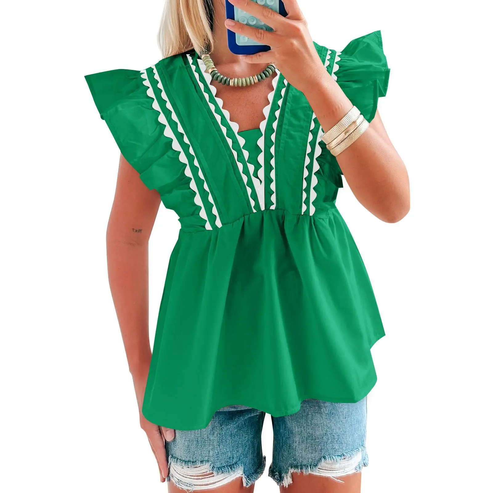 【Limited Deals】TANKANEO Women's V-Neck Babydoll Blouse, Elegant Ruffle Short Sleeve Top with Scalloped Trim, Loose-Fitting Dressy Casual for Summer, Lady, Shirts