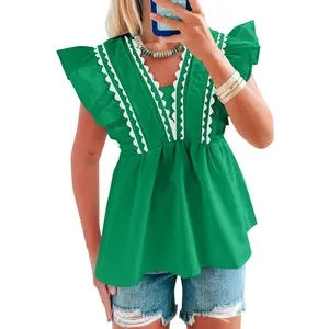 【StPatricksDay Green】TANKANEO Women’s V Neck Ruffle Sleeve Babydoll Blouse, Trim Scalloped Detail Loose Fit Summer Casual Top