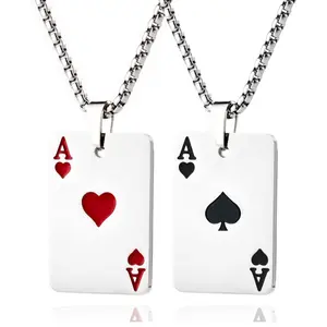 2Pcs Playing Card Pendant Necklace  Men Women Lucky Ace of Spades Stainless Steel Poker Card Pendant Necklace Hip Hop Sweater Chain Jewelry