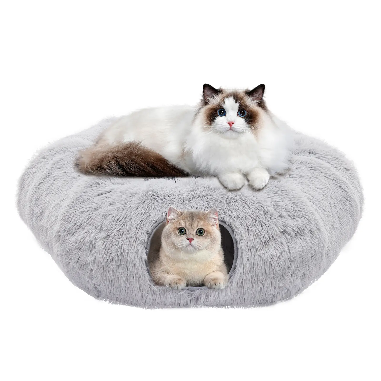 Cute 2-in-1 Cat Tunnel & Cave Bed - Soft Plush Donut Tunnel with Peekaboo Hole, Indoor Pet Bed for Cats/Kittens