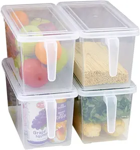 MineDecor Plastic Storage Containers Square Food Storage Organizer Stackable Refrigerator Organizer Handle Kitchen Containers with Lids for Fruits Vegetables Meat Egg (Set of 4)