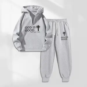 Men's GOD Letter Print Zipper-Collar Hoodie & Drawstring Sweatpants Set, Menswear, Casual Athletic Long Sleeve Hooded Jacket & Trousers for Fall & Winter, Men's Clothing for Daily Wear, Sportswear for Indoor & Outdoor, Tracksuit, Athleisure