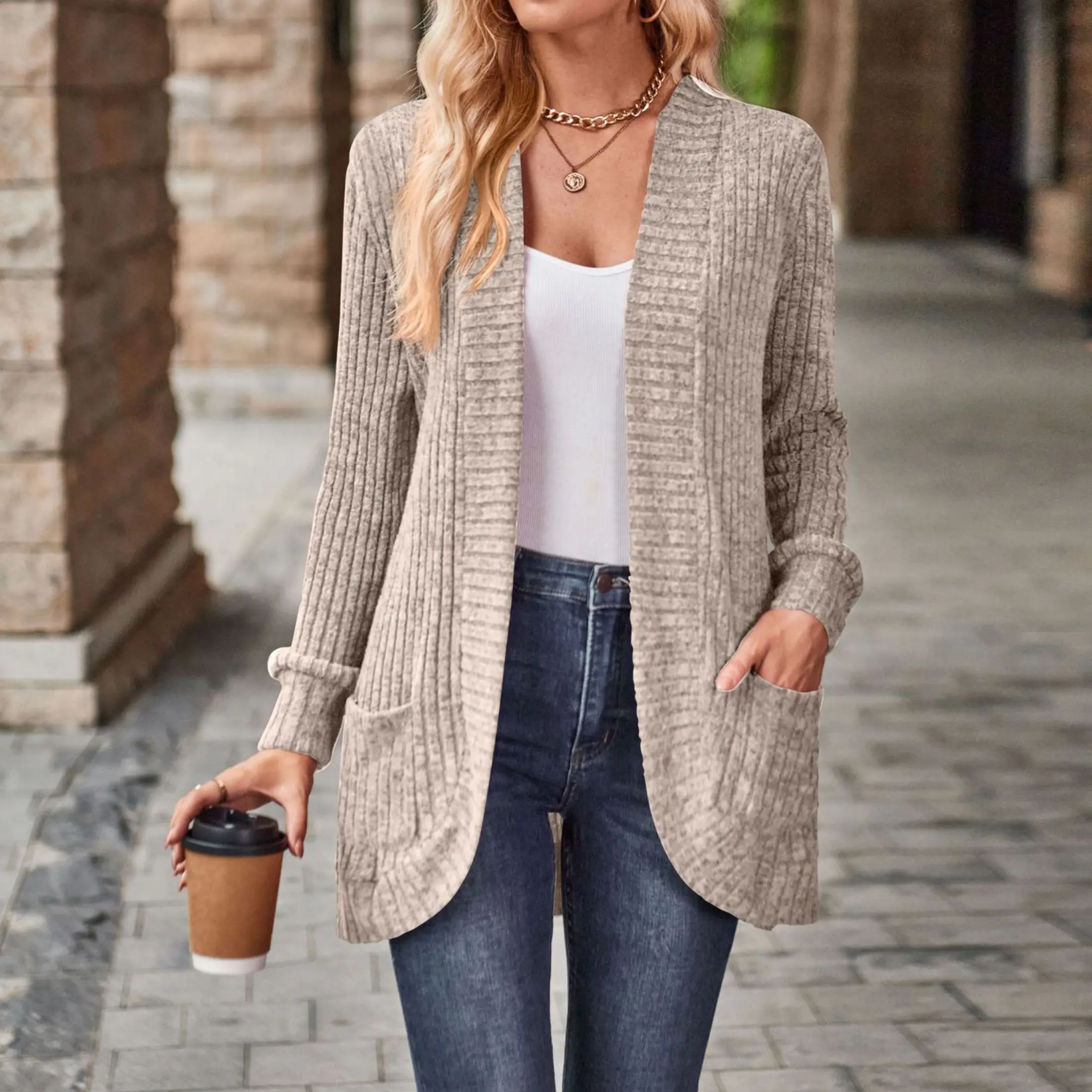 Cardigan Sweaters for Women 2024 Fall Open Front Long Sleeve Loose Lightweight Knit Sweater Coat with Pockets Springfresh