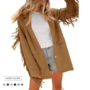 Danedvi Womens Faux Suede Fringe Jacket Casual Blazer Long Sleeve Lapel Button Front Suit Jackets Tops Piece